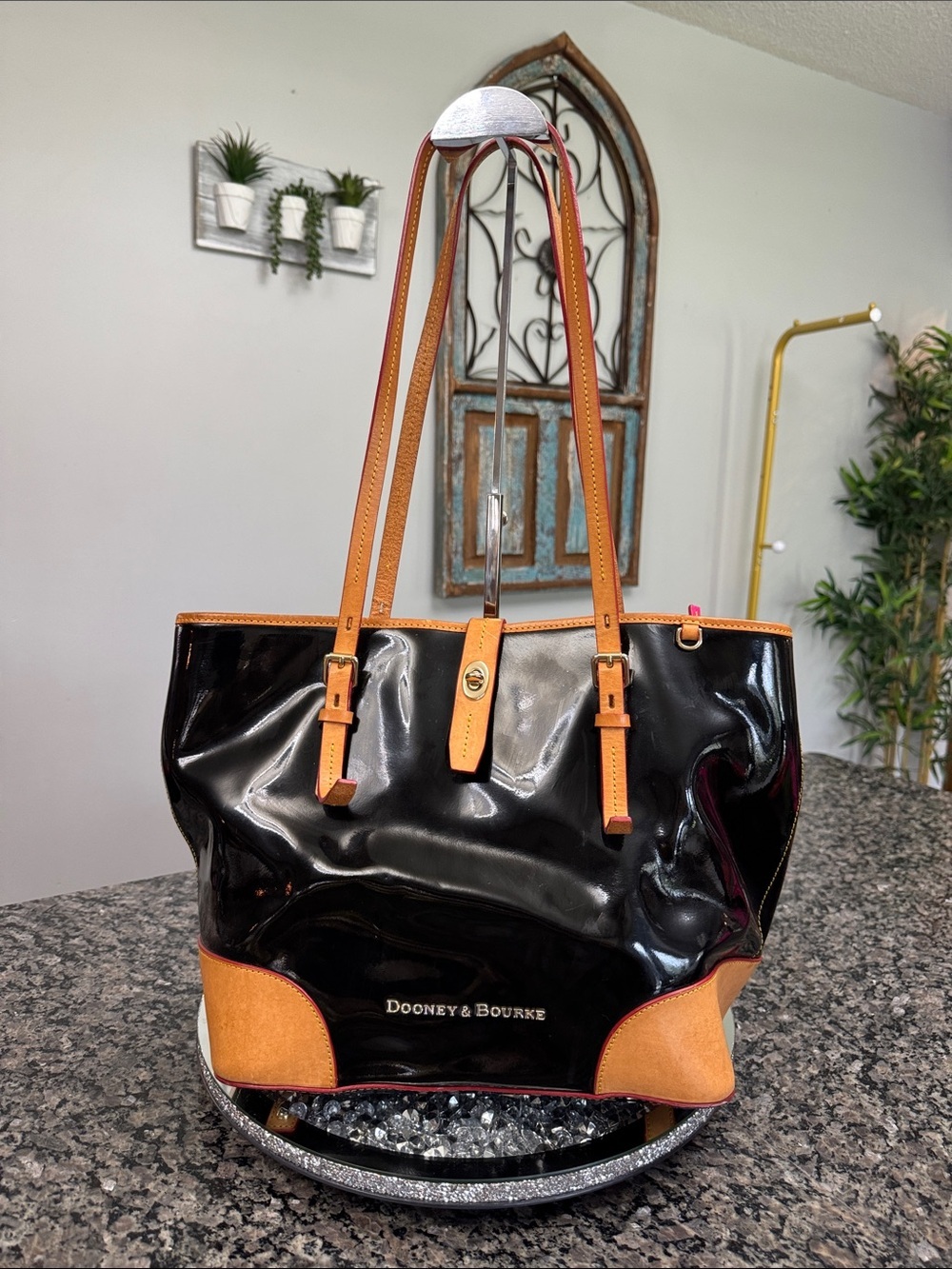 Dooney & Bourke Claremont Dover Black Patent Tote with Tan leather Trim EUC
